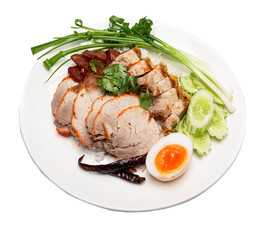 Red pork rice and crispy pork.Popular food of Thai people