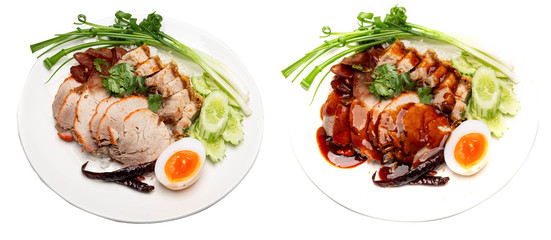 Red pork rice and crispy pork.Popular food of Thai people