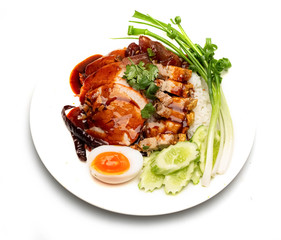 Red pork rice and crispy pork.Popular food of Thai people