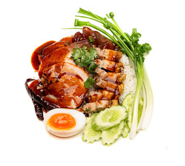 Red pork rice and crispy pork.Popular food of Thai people