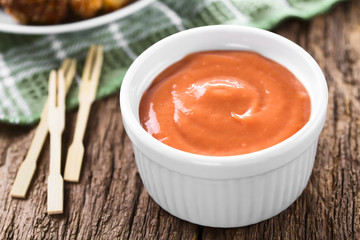 Homemade fry sauce made of ketchup and mayonnaise in bowl (Selective Focus, Focus one third into...