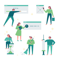 Little people concept of fixing webpage error.  flat design style minimal vector illustration.