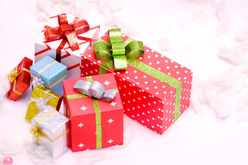 Gift boxes various color decorated in party by luxury gift box for give a gift in festivals Christmas day , New year's day.