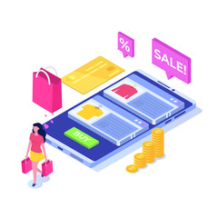 Online clothes  shopping, e-commerce sales, digital marketing.  Isometric vector illustration