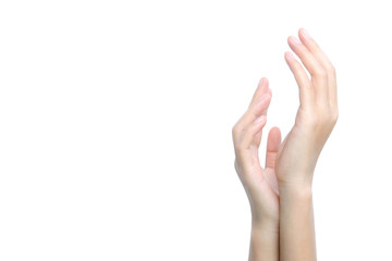 Obraz premium Beautiful hand of female on a white background. Concept beauty and hydration of the skin.