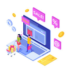 Online clothes  shopping, e-commerce sales, digital marketing.  Isometric vector illustration