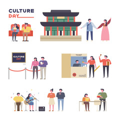 Couples set enjoying various cultures in Korea. flat design style minimal vector illustration.