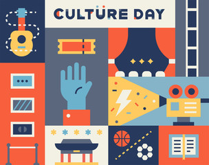 Arrangement of culture day symbol illustrations in square sections. flat design style minimal vector illustration.