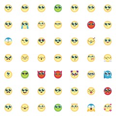 Emoticon elements collection, Comic Emoji smiley flat icons set, Colorful symbols pack contains- chat emoji, smiling face, kissing face, grimacing face, feeling Vector illustration. Flat style design