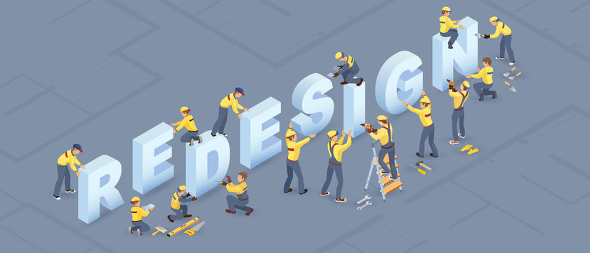 Isometric redesign services concept. Builders installed letters. Isolated Vector illustration.