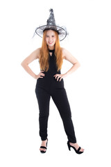 Pretty asian woman in black bodysuit wearing witch hat for Halloween festival isolated over white background.