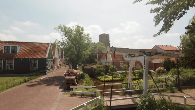 Upward moving shot of beautiful Dutch village of Ransdorp, near Amsterdam.