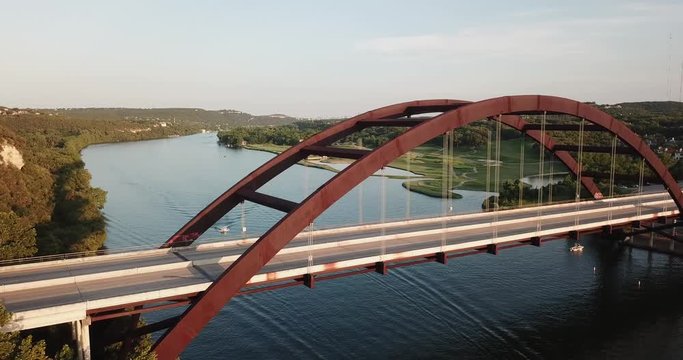 Aerial drone shot of the 360 bridge in Austin, Texas.