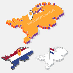 Netherlands flag on map element with 3D isometric shape isolated on background, vector illustration - obrazy, fototapety, plakaty