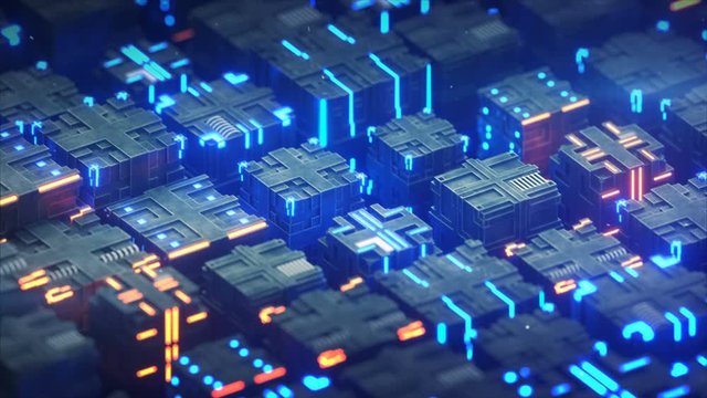 Panning of illuminating blue cubes float. Futuristic industrial or sci-fi concept. Seamless loop 3D render animation with DOF