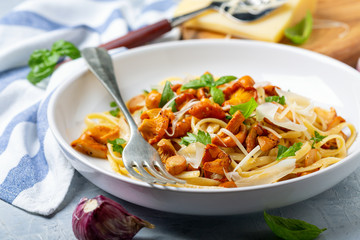 Linguine with fried wild chanterelles.
