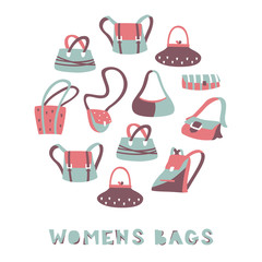 Different Doodle Bags Object Set. Hand Drawn Vector Illustration