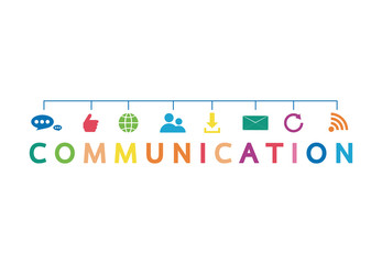 Vector illustration of a communication concept. The word communication with colorful dialog speech bubbles