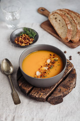 Vegan Pumpkin Soup on a Linen Tablecloth