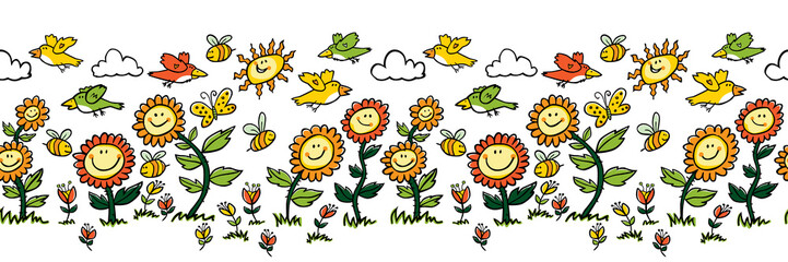 Vector colorful cartoon sunflowers, birds and bees horizontal border. Suitable for wall murals, gift warp, textile and wallpaper.