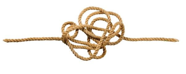 Image of a tangled cord on a white background. Problem solving concept