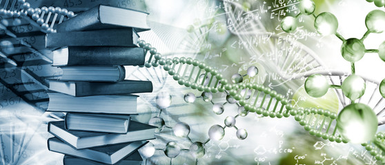 Stack of books depicted on DNA background closeup - obrazy, fototapety, plakaty