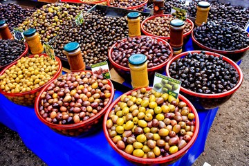 Stall with Greek olives at street market
