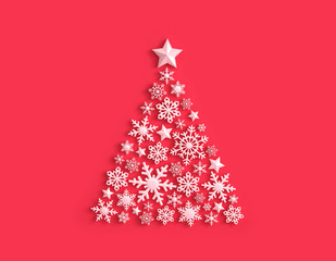 White snowflakes in the shape of a Christmas tree