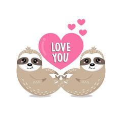 Happy Valentine's day greeting card with couple sloth and heart. 