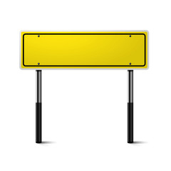 Fototapeta premium Realistic yellow traffic sign on metal column. Road board text panel, mockup signage direction 