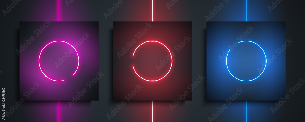 Poster Neon circle frames set. Night bright neon lamp, glowing light circle on black background for your design. Vector illustration.