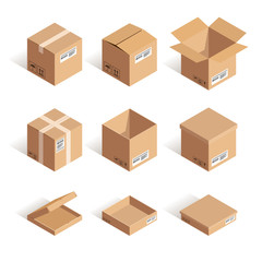 Fototapeta premium Isometric opened and closed box set