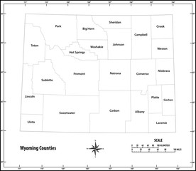 Wyoming state outline administrative and political map in black and white