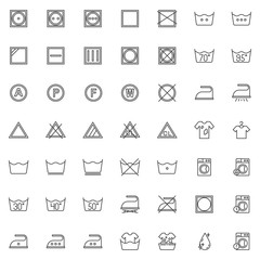 Laundry instruction line icons set. linear style symbols collection, outline signs pack. vector graphics. Set includes icons as washing machine, low heat wash time, iron, drip dry, Bleach and solvent
