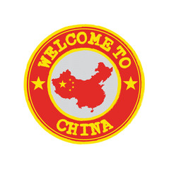 Vector stamp of welcome to China with map outline of the nation in center.