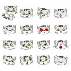 Big set of heads with expressions of emotions of funny kitten cat in cartoon style isolated on white background