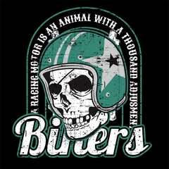 grunge style skull wearing retro helmet-vector