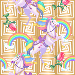 Cute white unicorns with rainbow hair on golden stripes seamless vector pattern background illustration