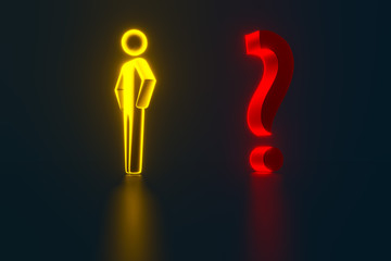 3d gold businessman opposite a question mark. Man business concept. 3d person with a red question mark. 3d rendering