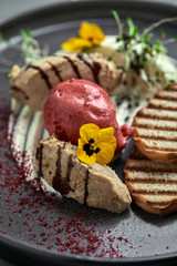 Duck paste with ice cream and grilled white bread croutons. Close-up, low key, gray background.