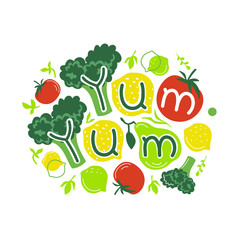 Lettering with fresh fruit and vegetables. Healthy vegan food. Broccoli, lemons, tomato, lime and pear on white background.