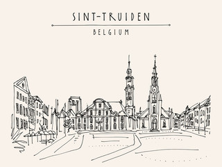 Sint-Truiden Main Square, Belgium, Europe. Travel sketch. Hand drawing. Vintage hand drawn touristic Belgium postcard, poster, booklet background. Artistic vector illustration