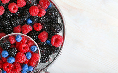 Healthy food from fruit in the sieve top view