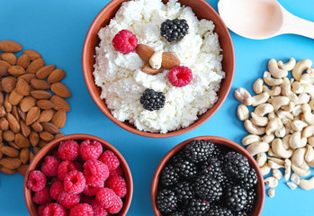 Tasty healthy diet breakfast with cottage cheese and nuts