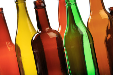 set of empty beer bottles on  white background - Image