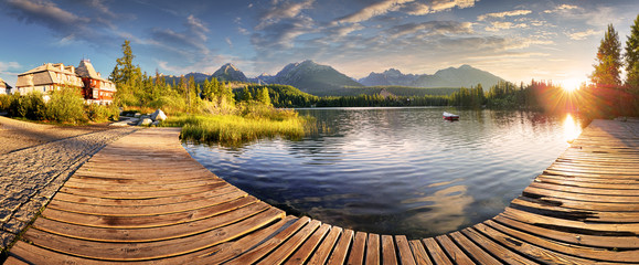 Slovakia mountain Tatras - Strbse pleso lake at sunrise, panorama