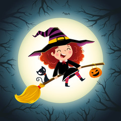Halloween background with cute little girl witch and kitten flying on a broom.