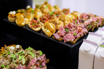 Mini sandwiches food set. Traditional spanish tapas for catering table