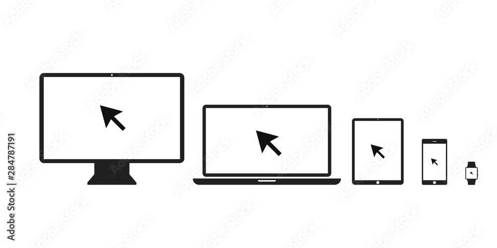 Poster personal comouter laptop tablet smartphone and watch with pointer or cursor icon isolated. notebook 