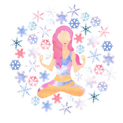 illustartion of woman with pink hair meditating in cold season